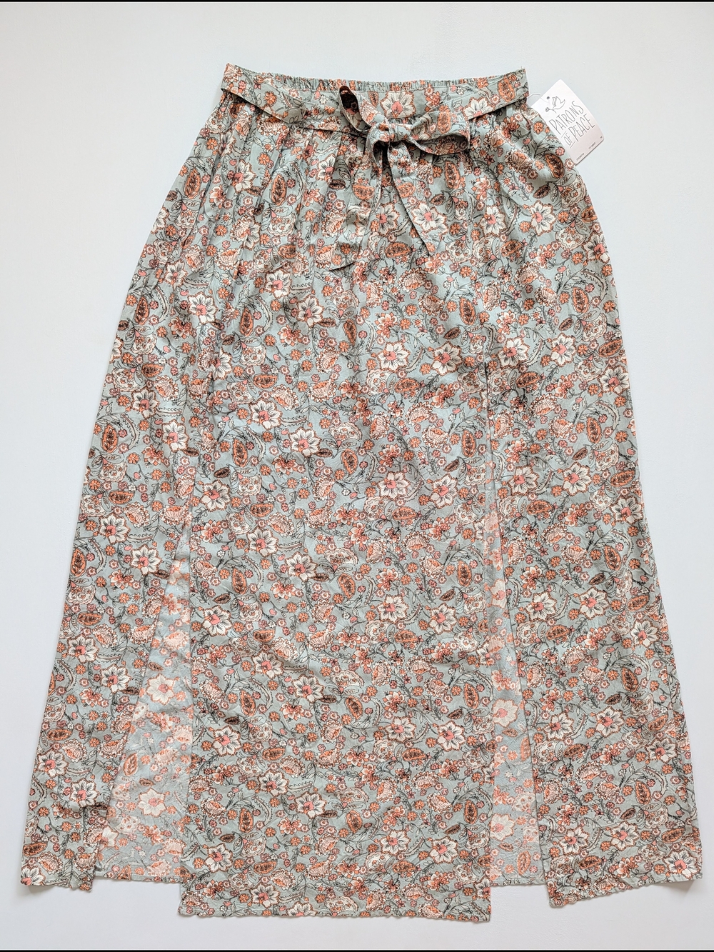 NWT Patrons of Peace Sage Peach Floral Double Slit Tie Waist Maxi Skirt Medium - Picture 1 of 7